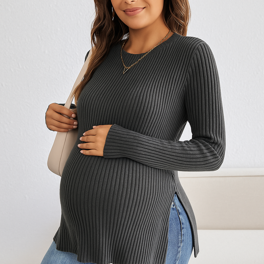 Zwangerschapsshirt met Lange Mouwen – Comfortabel Rib Top met Zijsplit