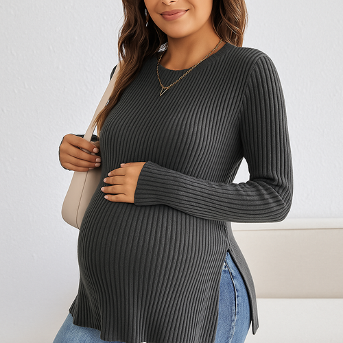 Zwangerschapsshirt met Lange Mouwen – Comfortabel Rib Top met Zijsplit