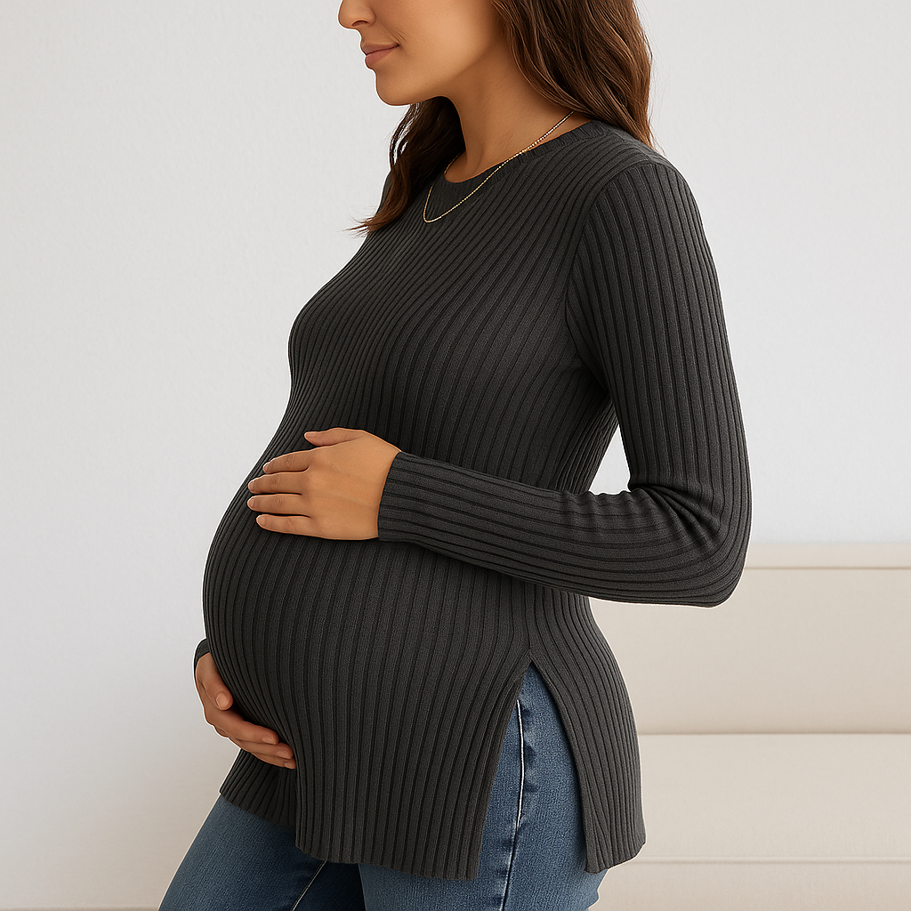 Zwangerschapsshirt met Lange Mouwen – Comfortabel Rib Top met Zijsplit