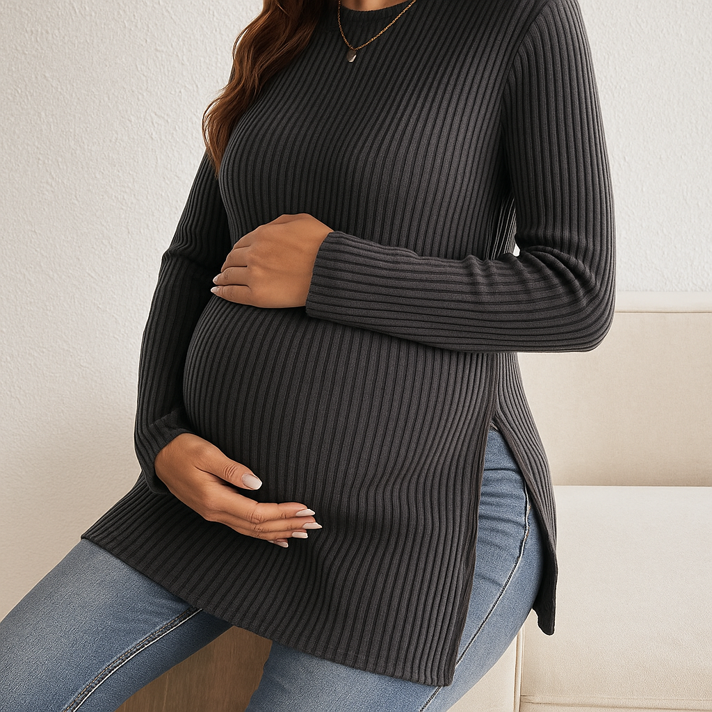 Zwangerschapsshirt met Lange Mouwen – Comfortabel Rib Top met Zijsplit