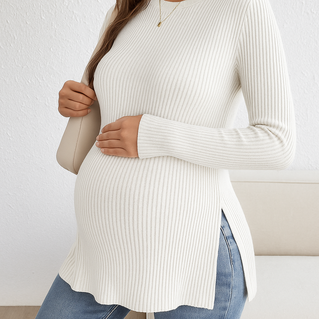 Zwangerschapsshirt met Lange Mouwen – Comfortabel Rib Top met Zijsplit