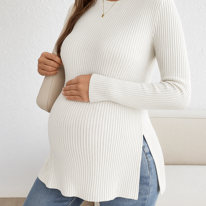 Zwangerschapsshirt met Lange Mouwen – Comfortabel Rib Top met Zijsplit