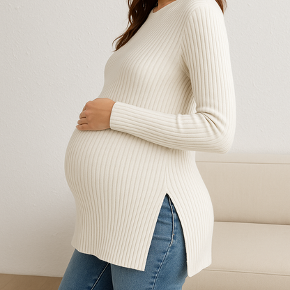 Zwangerschapsshirt met Lange Mouwen – Comfortabel Rib Top met Zijsplit